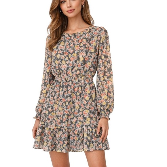 LOFT Dresses & Skirts - LOFT Womens Small Floral Metallic Gold Foil Dot Long Sleeve Ruffle Flounce Dress